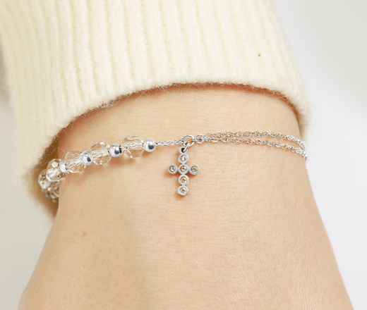 1571/18 bransoletka różaniec srebrna z kryształkami i krzyżem