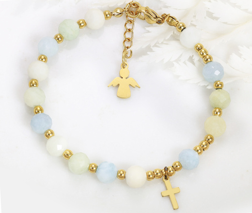 Bransoletka różaniec niebiesko zielona 1758/10, kamienie naturalne morganit