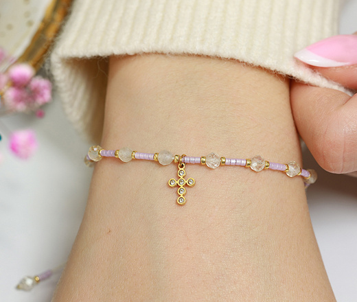 1631/7 bransoletka różaniec stal złocona z kryształkami