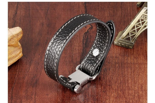 BR599/407 Bransoletka z grawerem męska, czarna białe szwy SKÓRA