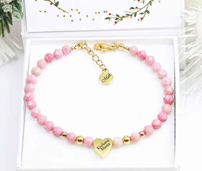 1734/11 różowa bransoletka pozłacana z grawerem i kamieniami naturalnymi Premium