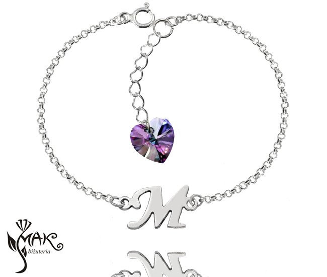 BR892 BRANSOLETKA dowolny inicjał literka Swarovski Elements serce