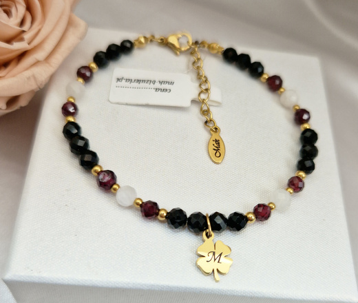  bransoletka damska koniczynka z grawerem czarny turmalin 1896