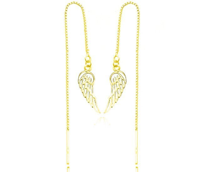 1155 Kolczyki srebrne 925 pozłacane łańcuszki przeciągane skrzydła anioła