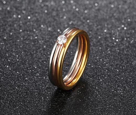 599/959 pierścionek potrójne obręcze stal różowe żółte złoto