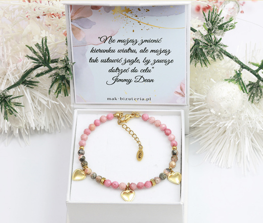 1734/10 beżowo-różowa bransoletka pozłacana z grawerem i kamieniami naturalnymi Premium
