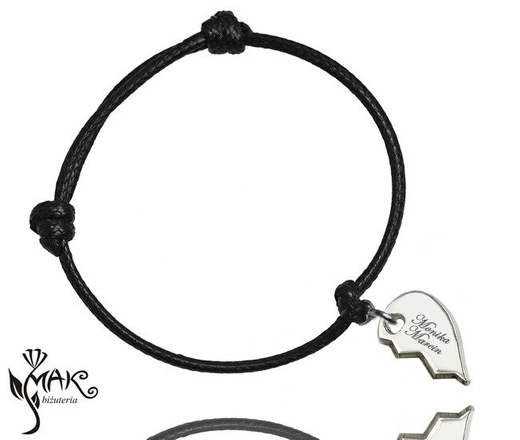 BR822 /7  BRANSOLETKA z grawerem na sznureczku połówka serca prawa