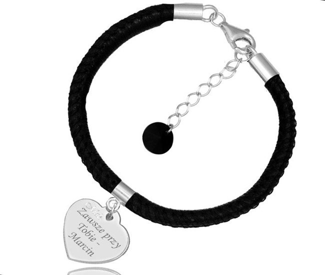 1100 Bransoletka z grawerem skórzana, srebro 925