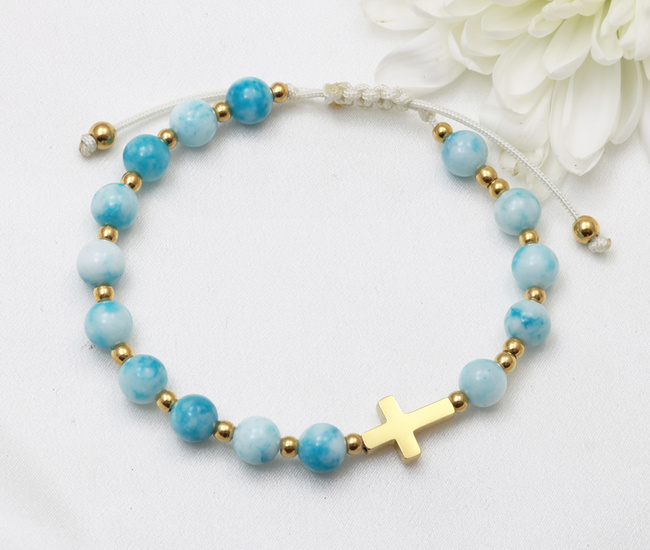 Bransoletka różaniec z krzyżykiem błękitny jadeit 1877/8