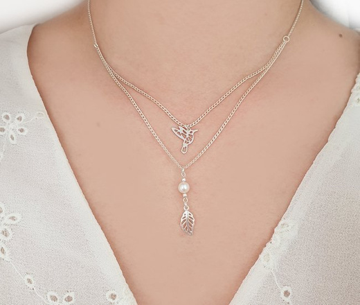 1152 Naszyjnik srebrny 925 podwójny listek koliber perełka naturalna