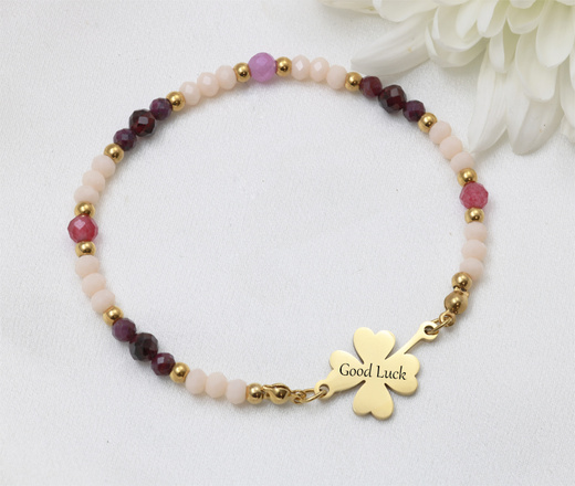 Bransoletka grawerowana pozłacana koniczynka zrubinem i granatem 1876/2