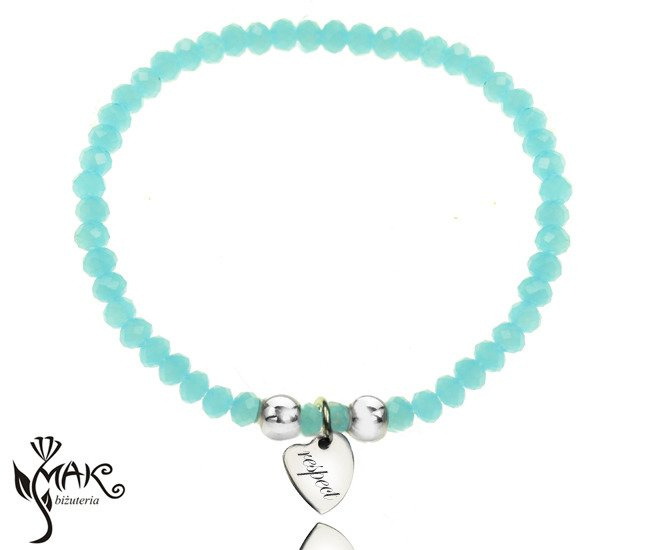 BR825 BRANSOLETKA Z GRAWEREM stal kryształki błękit serce