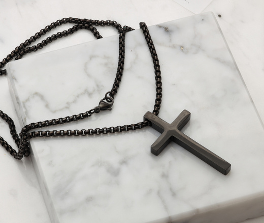 Nieśmiertelnik czarny stalowy łańcuszek z krzyżem 1864/2