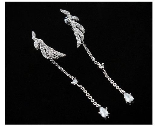 Kol 599/613 KOLCZYKI listki z cyrkoniami, do branka doczepiony łańcuszek z cyrkoniami, srebrny