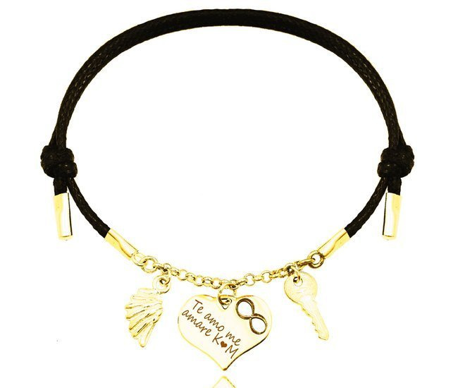 1151 bransoletka grawerowana złota srebro 925 na sznurku serce skrzydło kluczyk