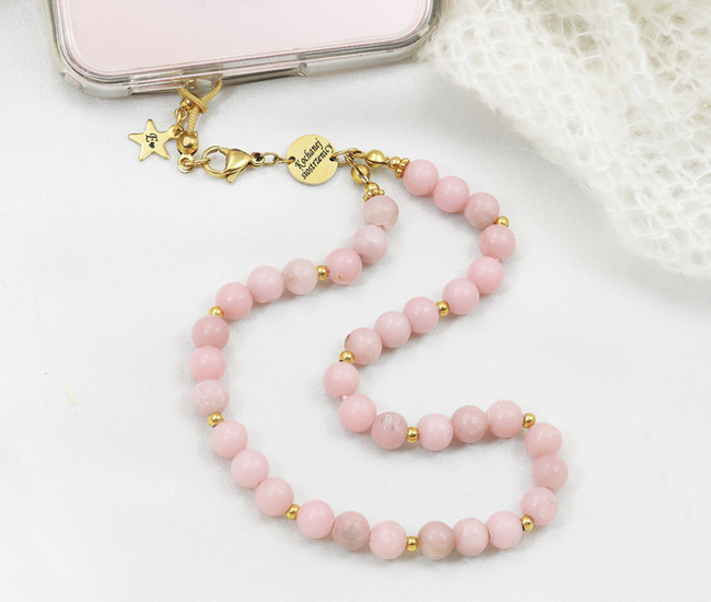 Smyczka do telefonu z grawerem 1761/2, kamienie naturalne różowe