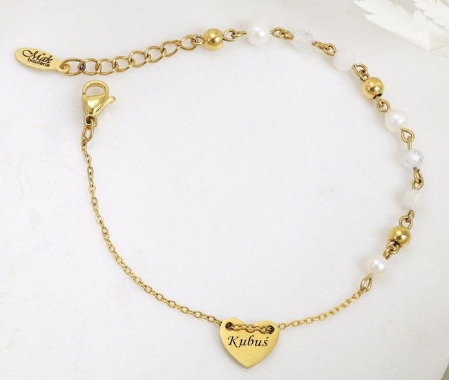 Złota bransoletka z grawerem, serduszkiem i stópką 1794/21