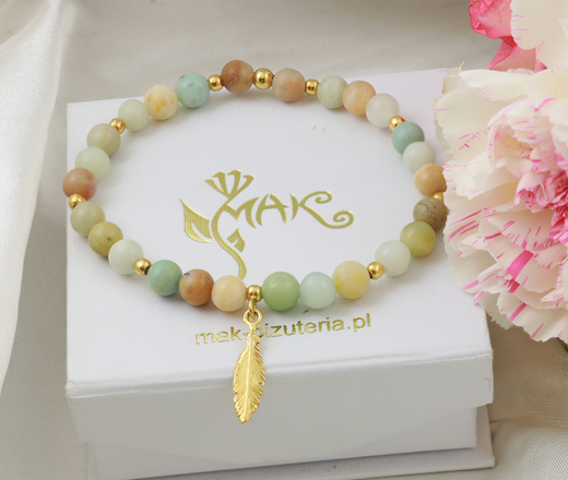 1604 bransoletka srebro 925 pozłacana amazonit z zawieszką piórko