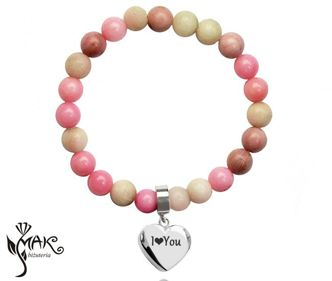 BR806 BRANSOLETKA Z GRAWEREM laser stal różowy jadeit naturalny