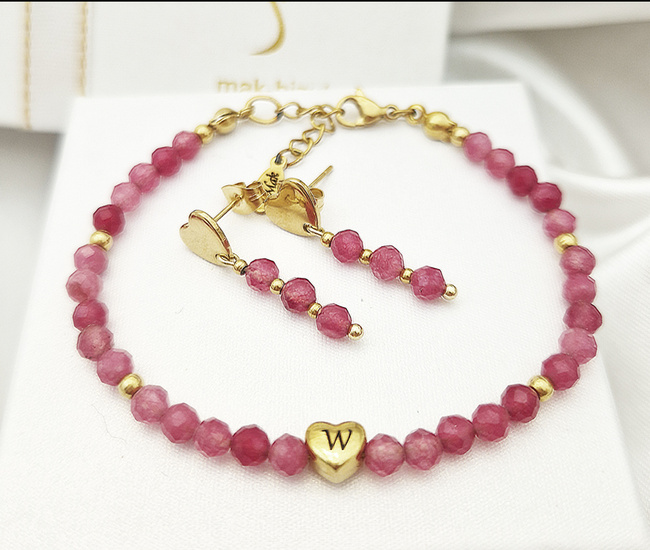 komplet kolczyki bransoletka z grawerunkiem serce turmalin różowy