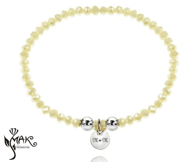 BR825 BRANSOLETKA Z GRAWEREM stal kryształki krem kółko