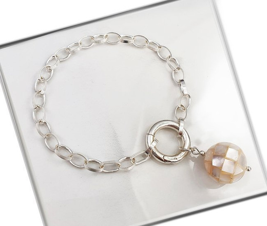 1245/1 bransoletka srebrna 925 łańcuszek gruby kulka z masy perłowej