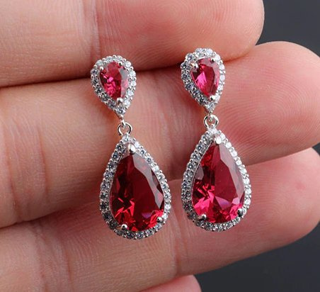 Kol 599/1017 Kolczyki ślubne eleganckie łezki cyrkonie rubin, fuksja