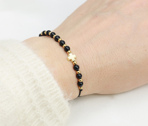 bransoletka różaniec czarny onyks stal złocona 1877/21