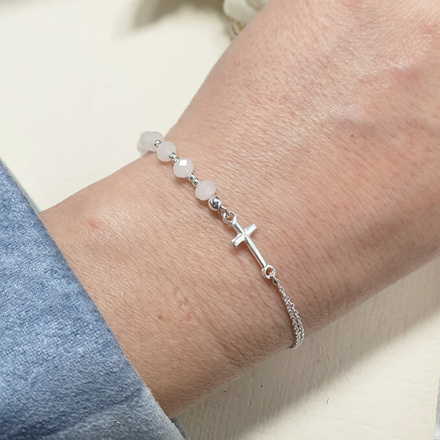 1571/22 bransoletka różaniec srebro 925 z kryształkami i krzyżem