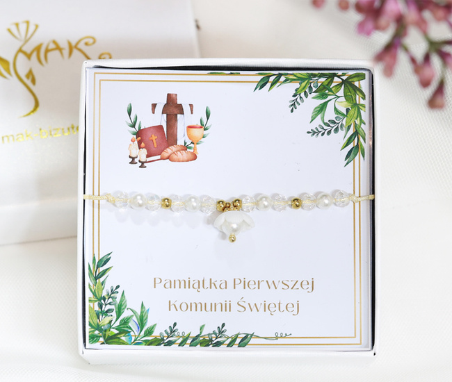 prezent na Komunię dla dziewczynki bransoletka z kwiatkiem zestaw 1803/3