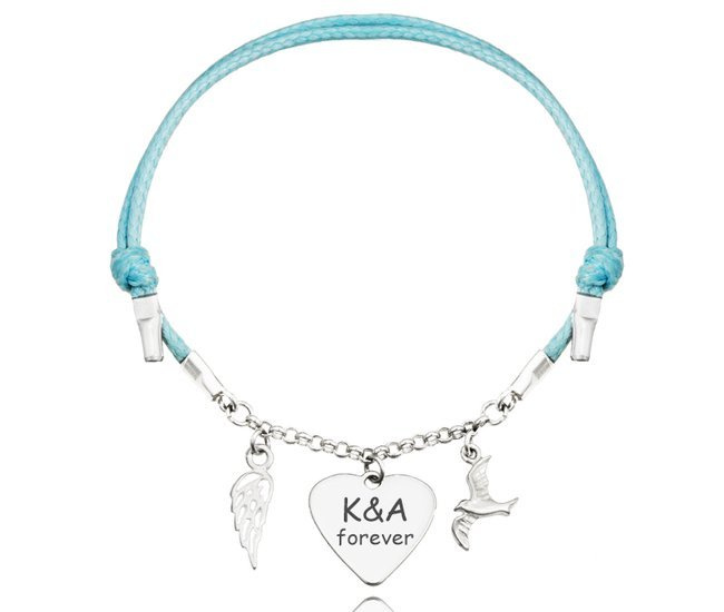 1151 bransoletka grawerowana srebrna na sznurku serce skrzydło ptaszek