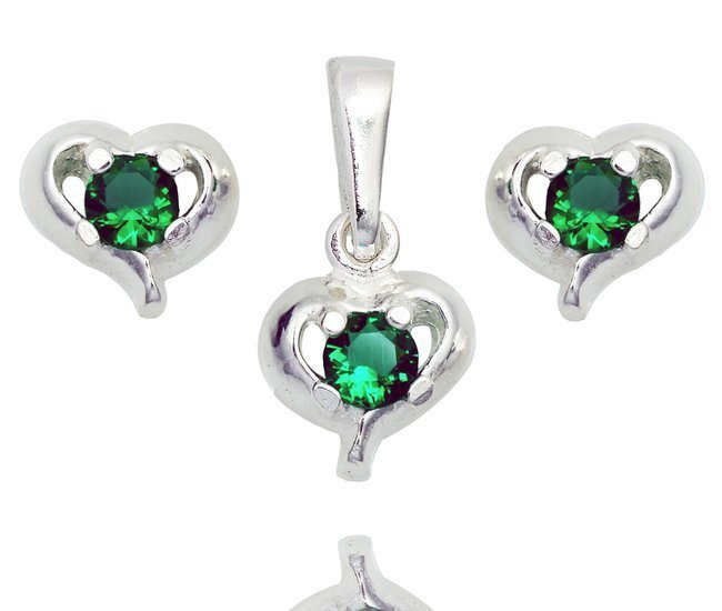 480/364 komplet srebrny 925 serca, cyrkonia zielona kolczyki wisiorek