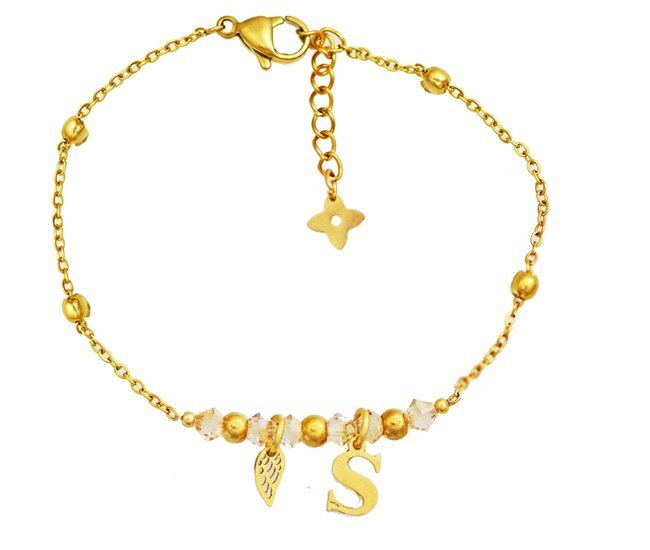 1232/10 bransoletka złota stalowa z inicjałem literką oraz skrzydełkiem