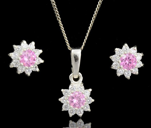 480/99 komplet srebrny kwiatuszki z różowymi cyrkoniami
