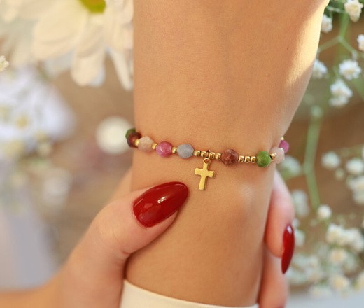 1714/2 bransoletka różaniec złota, kolorowe kamyki turmalin