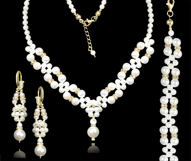 1366 komplet srebrny pozłacany z perełkami