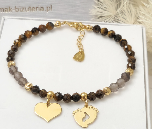 1734/3 brązowa bransoletka srebrna 925 pozłacana z grawerem i kamieniami naturalnymi