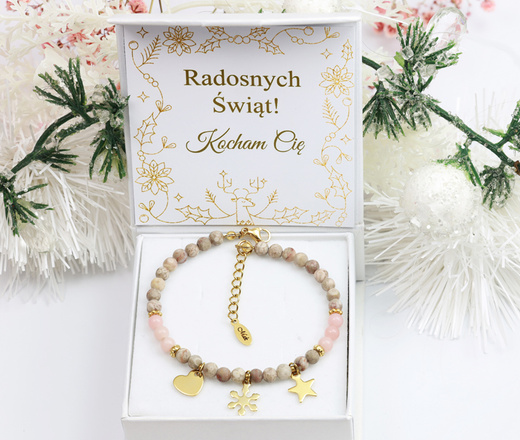 beżowo-różowa bransoletka pozłacana z grawerem i kamieniami naturalnymi Premium 1734/9