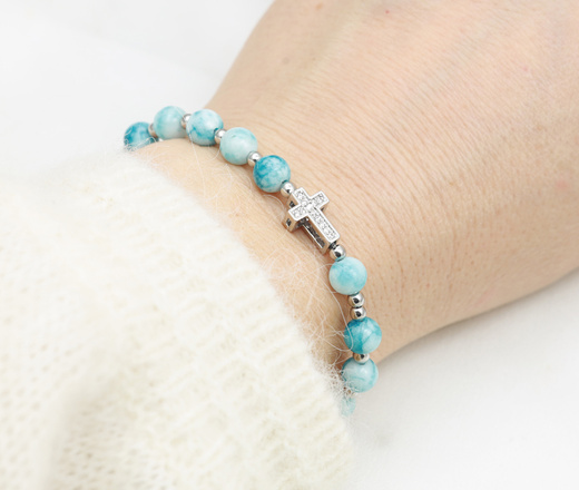 Bransoletka różaniec z krzyżykiem błękitny Larimar 1877/7