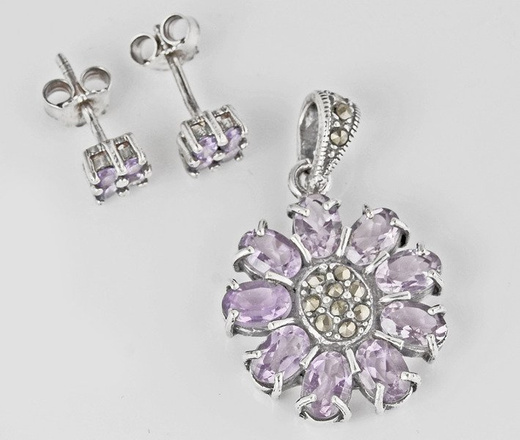 480/209 komplet srebrny fioletowy kwiatuszek