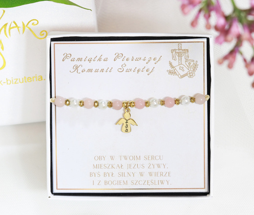 prezent na Komunię dla dziewczynki bransoletka z grawerem zestaw 1803/6