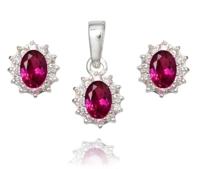 480/370 komplet srebrny 925 owale, cyrkonia różowa / rubin  kolczyki wisiorek