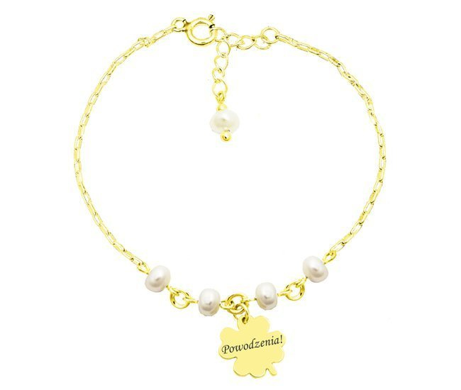 1258 bransoletka srebrna 925 pozłacana grawerowana perełki na łańcuszku z koniczynką