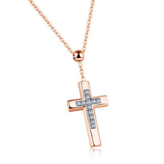 Nk 599/728 NASZYJNIK ze stali krzyż cyrkonie różowe złoto