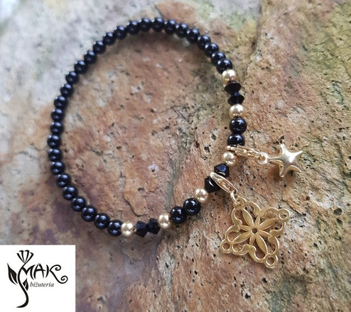 BR950 BRANSOLETKA pozłacana czarny agat, Swarovski Element