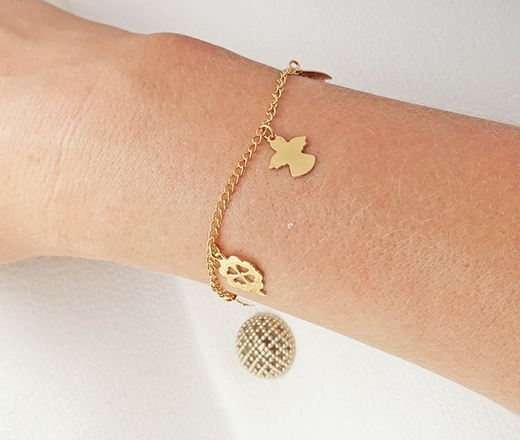 1197 bransoletka grawerowana z zawieszkami serce srebro 925 pozłacane ptaszki koniczynka