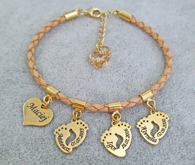 1220 bransoletka z grawerem skórzany rzemień cztery zawieszki do wyboru  srebro 925 pozłacane