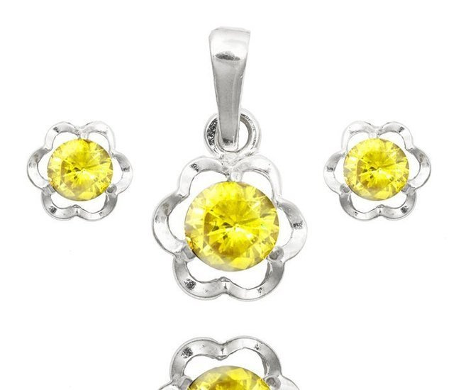 480/285  Komplet srebrny 925, żółte kwiatki z cyrkonią , kolczyki, wisiorek .