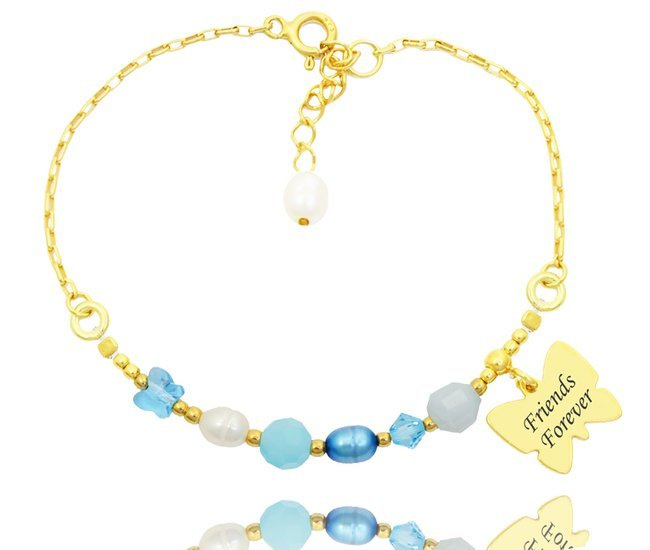 1281 bransoletka z grawerem srebrna 925 pozłacana błękitna z motylkiem