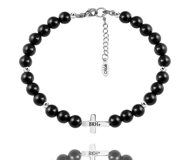 1657 bransoletka męska grawerowana stalowa kamienie naturalne i krzyżyk